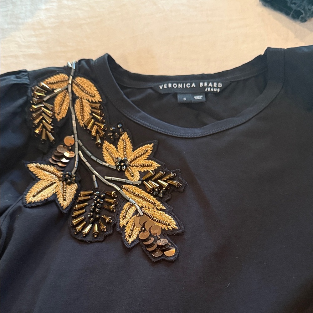 Veronica Beard Black Blouse with Gold Leaf Embellishments. Excellent condition.
